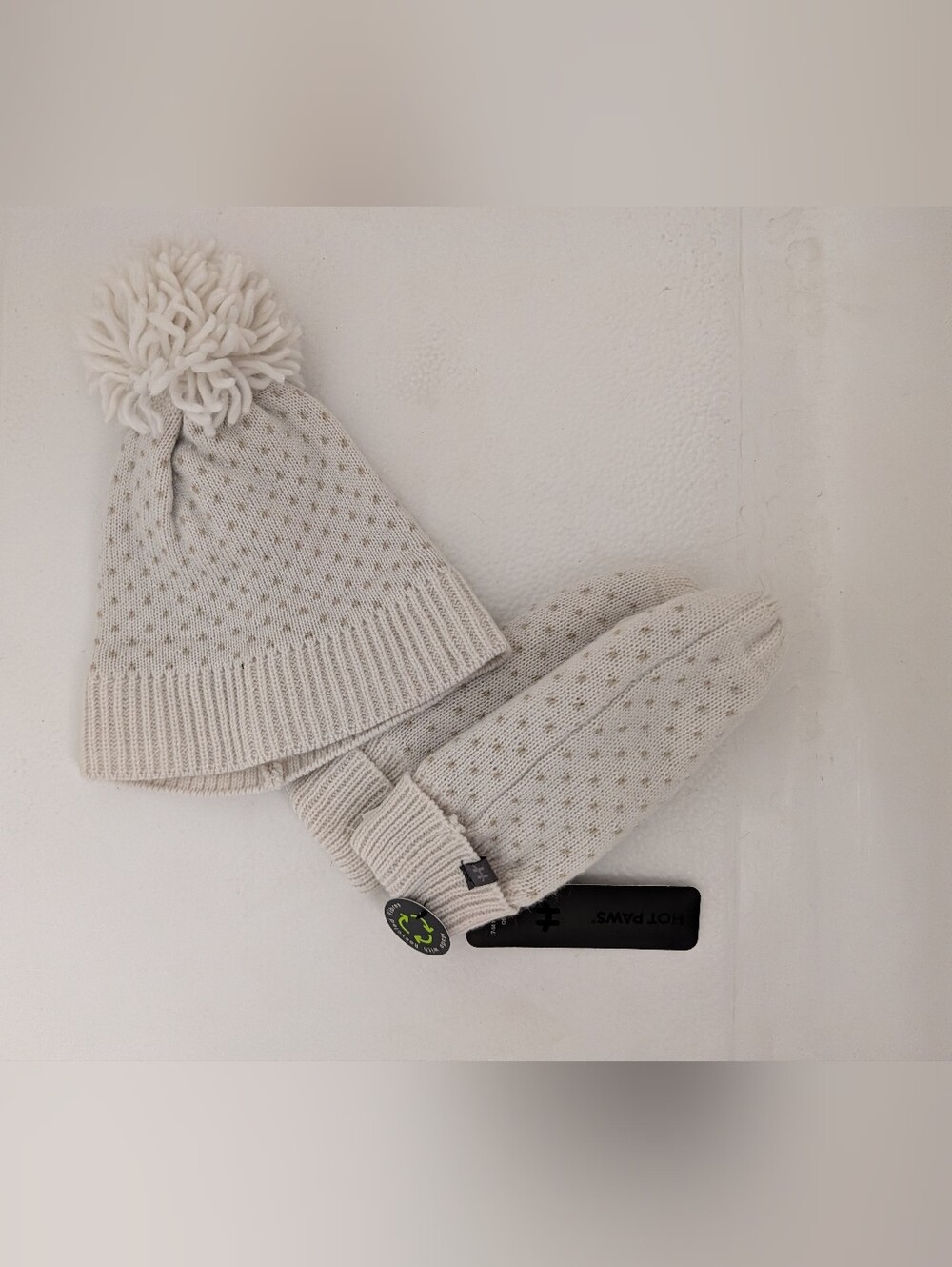 Hot Paws Kids Cream Pom Pom Beanie and Mittens Set